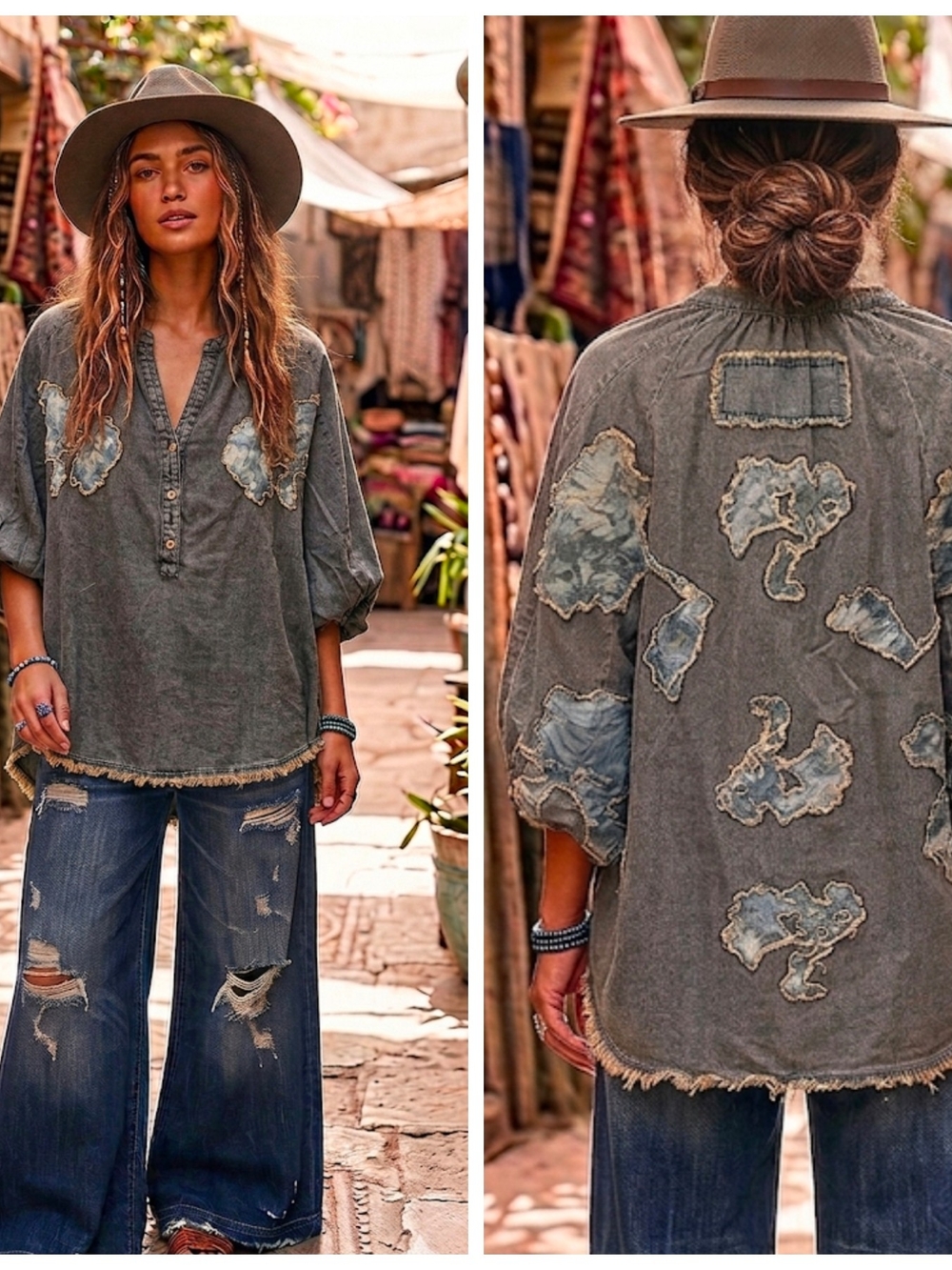Bohemian Washed Gray Patchwork Button-Front Women's Top